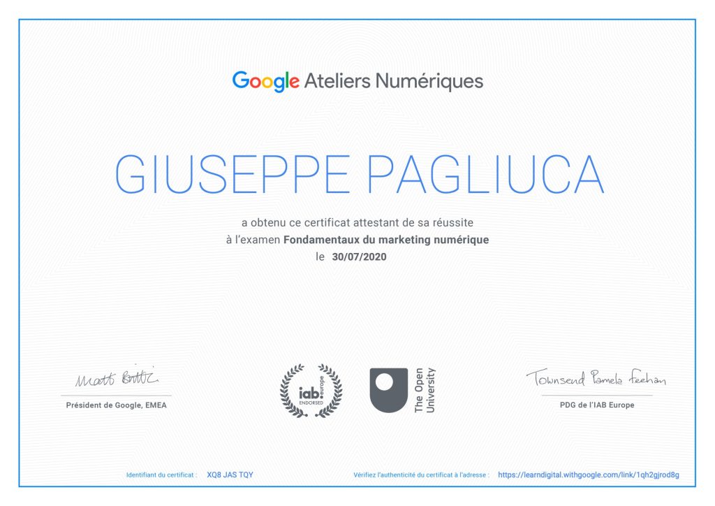 Pagliuca Giuseppe Certificat Google